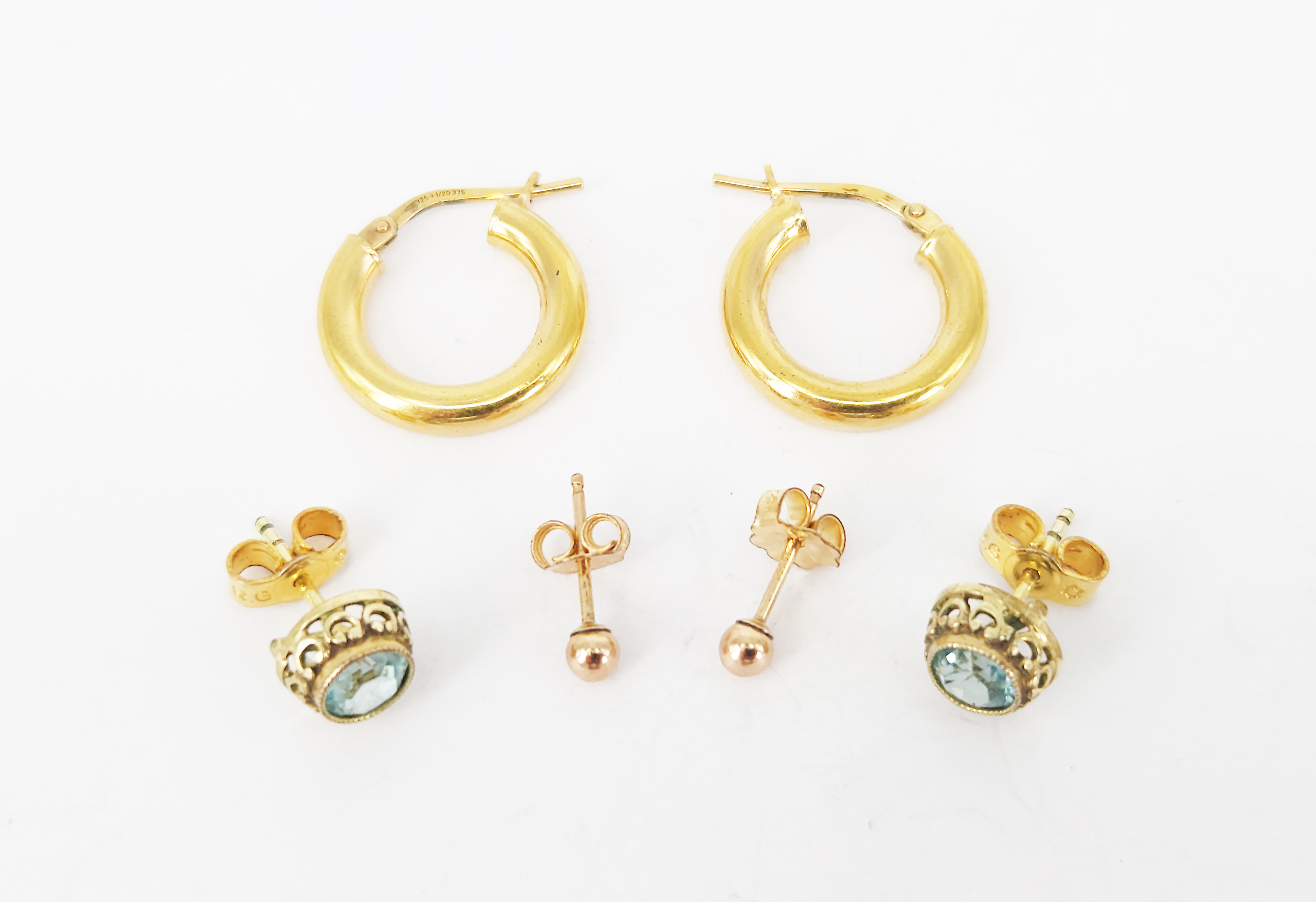 368 · TWO GOLD-LINED STUD EARRINGS AND A PAIR 9ct GOLD 1/20 SILVER FILLED HOOP EARRINGS
