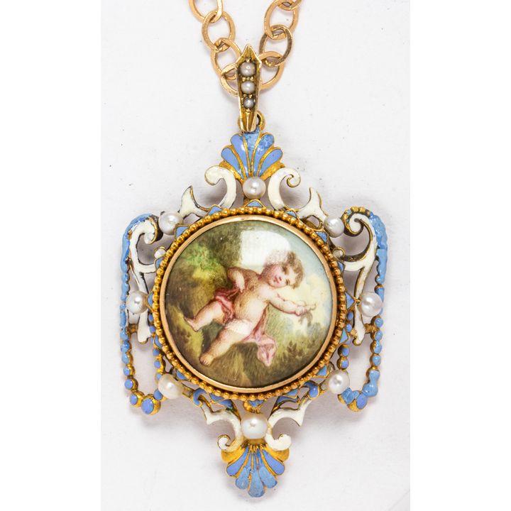 A gold-fill necklace with enamel and pearl pendant