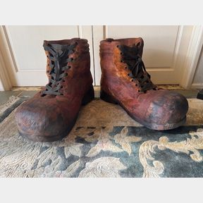 PAIR OF LARGE ORNAMENTAL WOODEN BOOTS WITH LACES