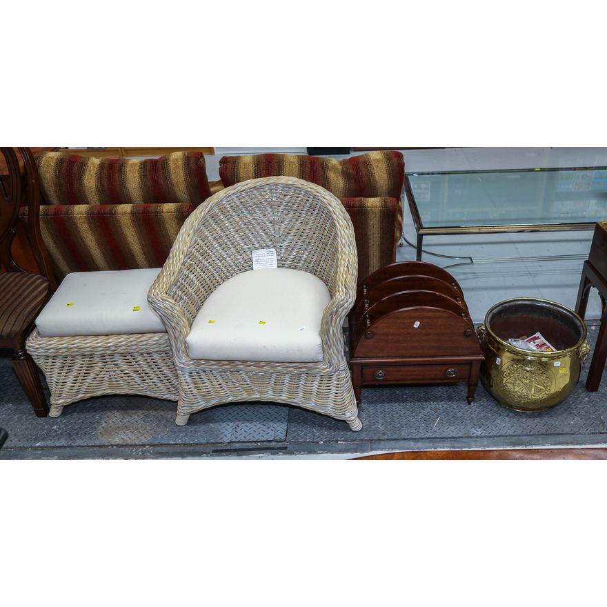 Wicker Chair, Ottoman, Metal Vase & Magazine Rack