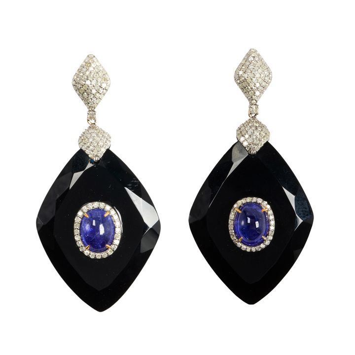 A pair of black onyx, tanzanite, diamond and silver earrings
