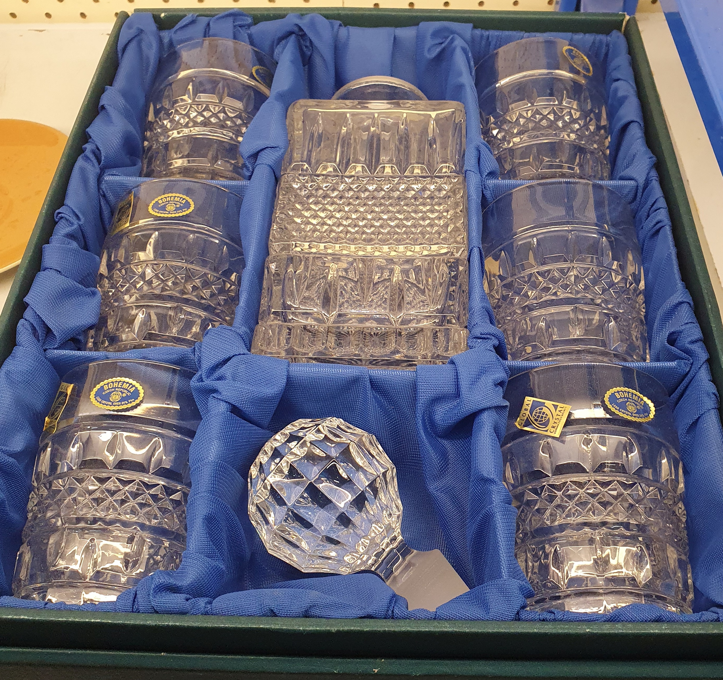 A BOHEMIA CRYSTAL WHISKY DECANTER AND SIX TUMBLERS