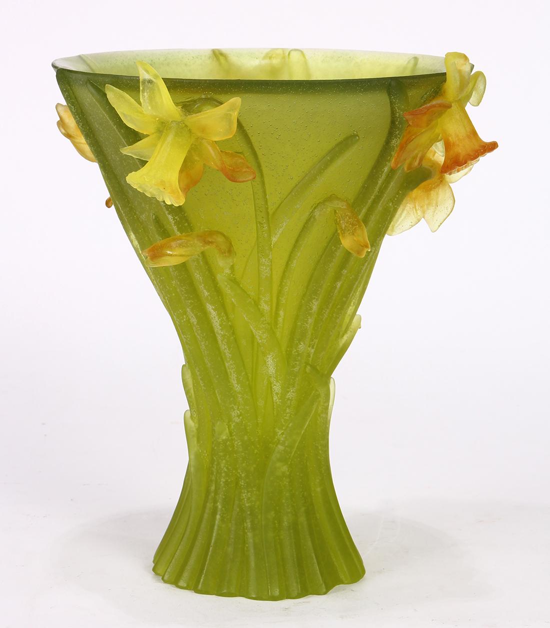 Daum, France, pate de verre Jonquille vase, having a tapered form in orange  to green, decorated with daffodils, signed on underside... | Clars Auction  Gallery