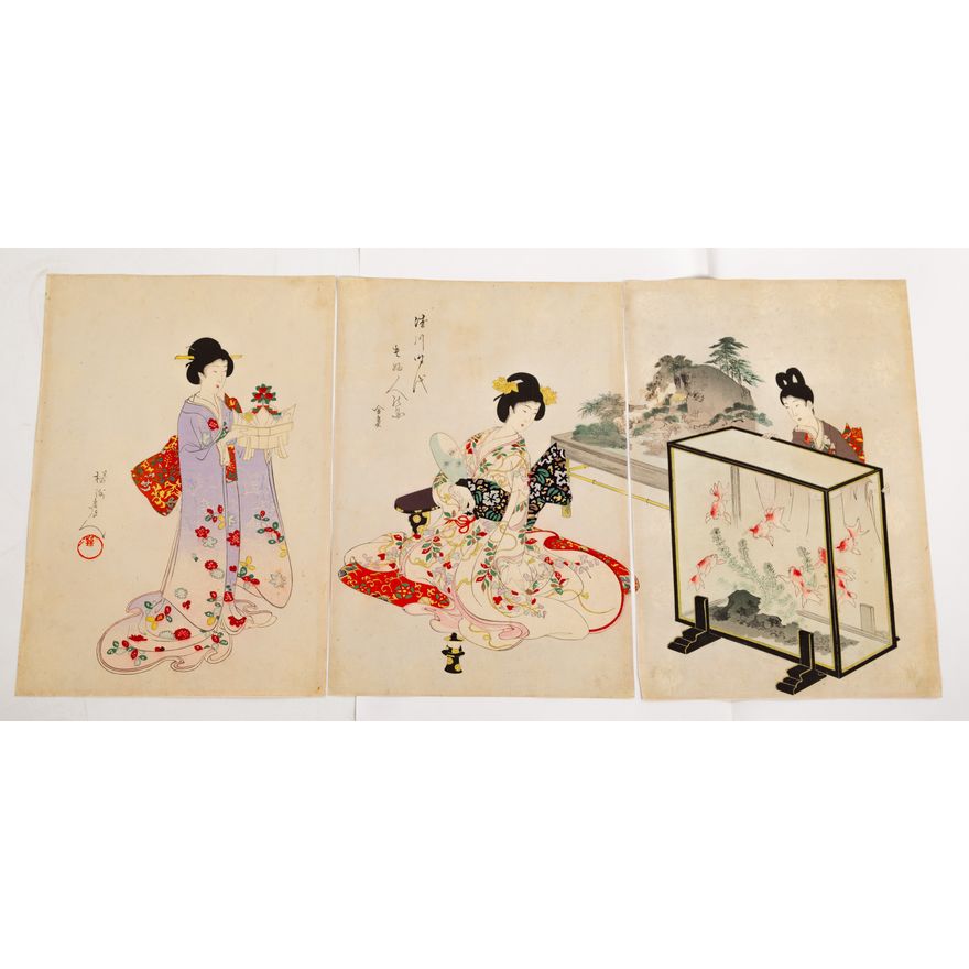 Toyohara Chikanobu. Color Woodblock Triptych