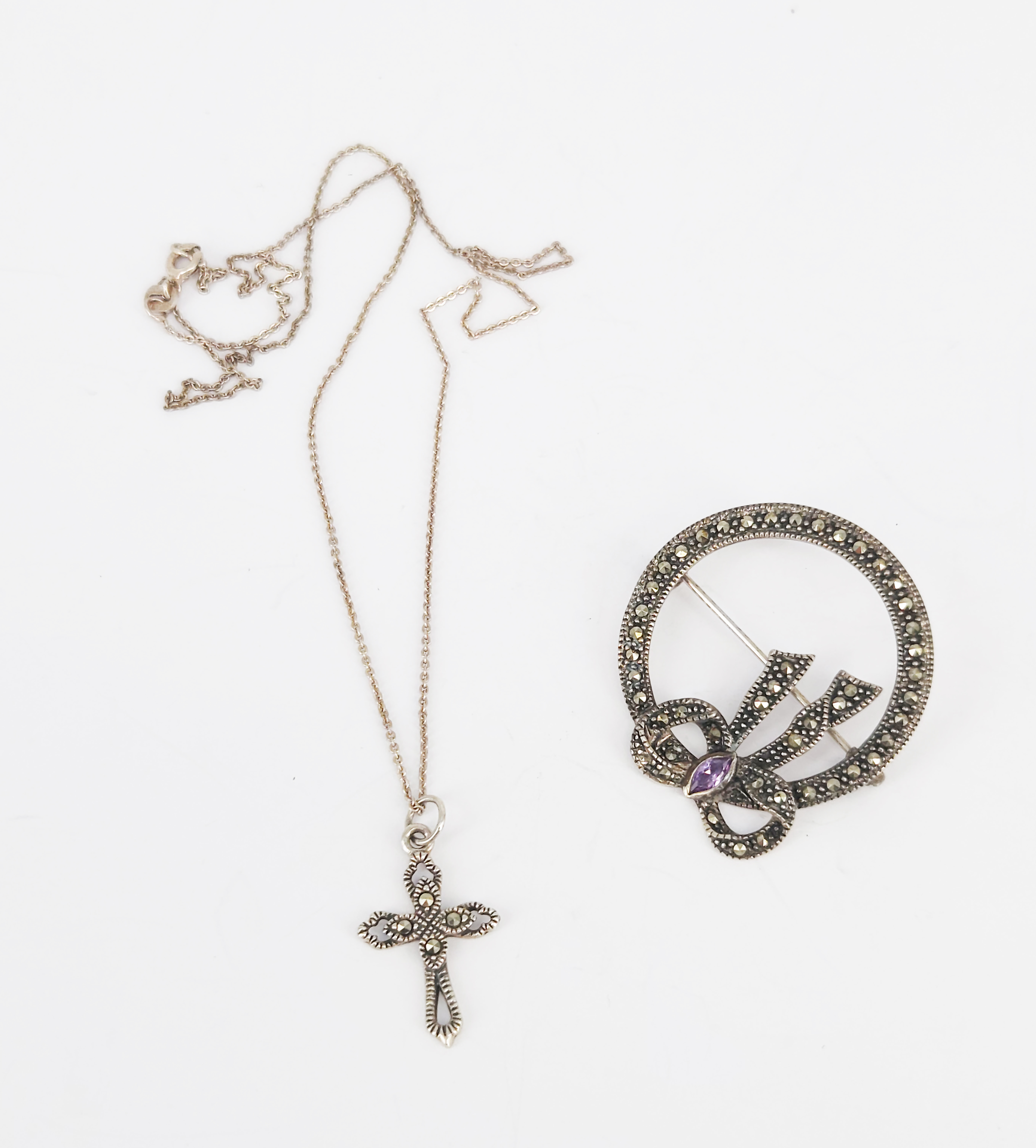 A Vintage Silver And Marcasite Brooch And A Silver And Marcasite Cross Necklace