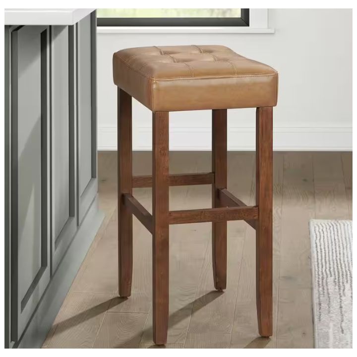 Alaterre Furniture Backless 30.5'' Bar Height Stool True Walnut Finish w/ Cognac PU Cover- In Box
