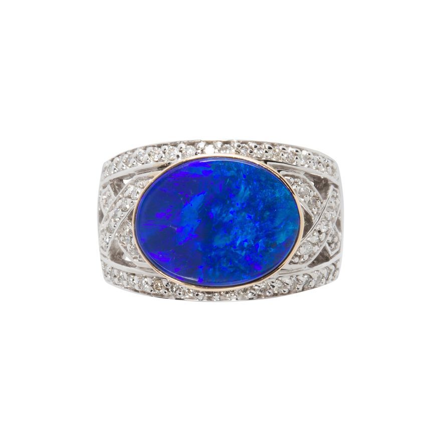 A black opal doublet, diamond and 14k white gold ring