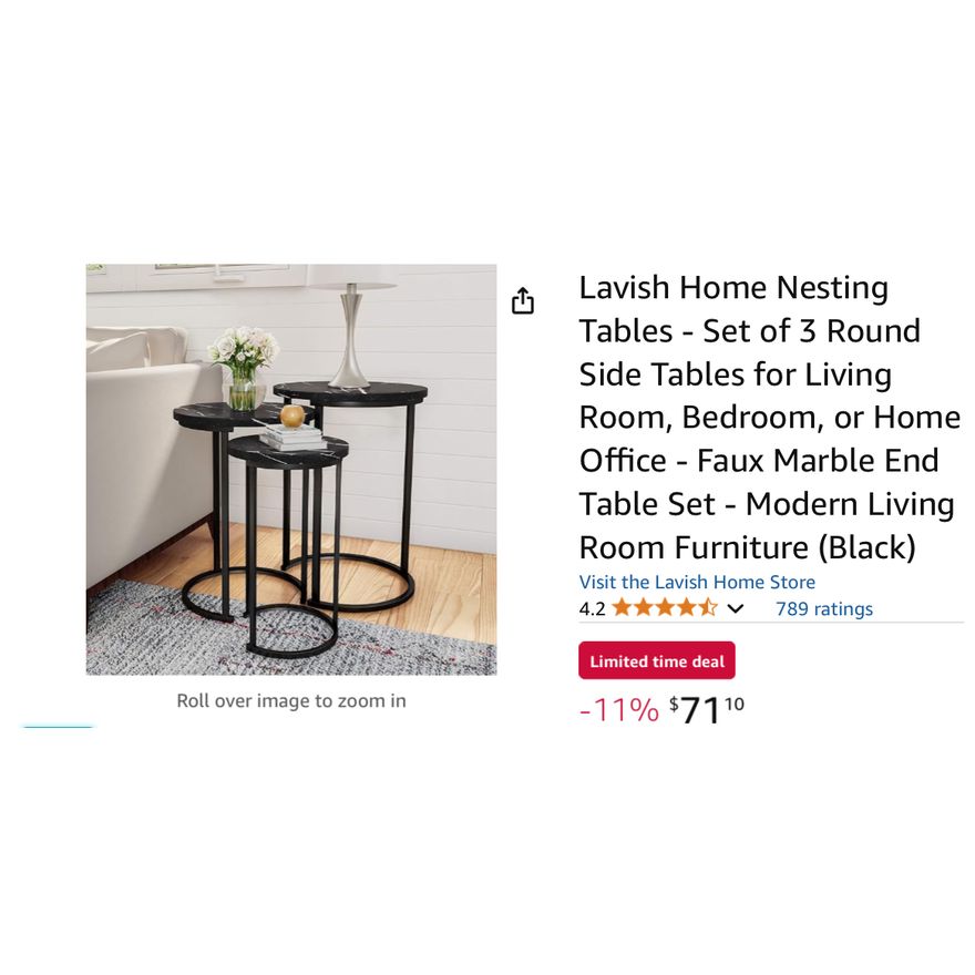 Lavish Home Black Nesting Tables- Set Of 3 Round Side Tables- Large: 17.75'' L x 25'' H Medium: 15.75'' L x 22.5'' H Small: 12'' L x 20.25'' H In Box