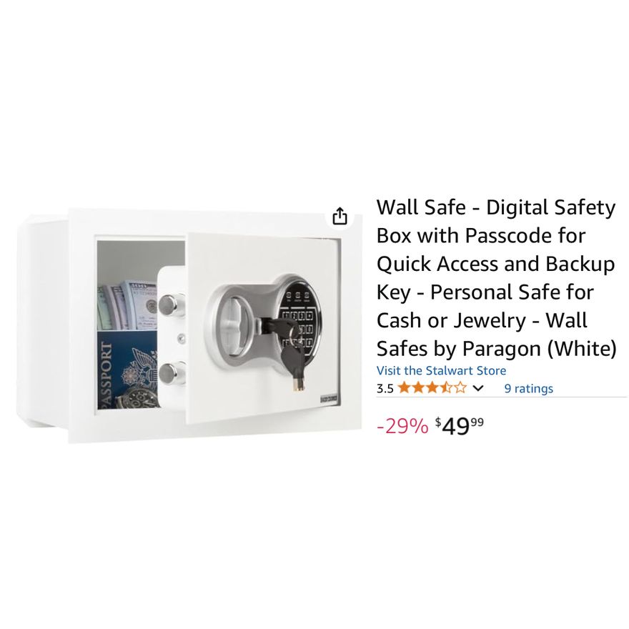 Stalwart Wall Safe Digital Safety Box w/ Passcode & Backup Keys- White, 12.5'' D x 6'' W x 8.75'' H In Box