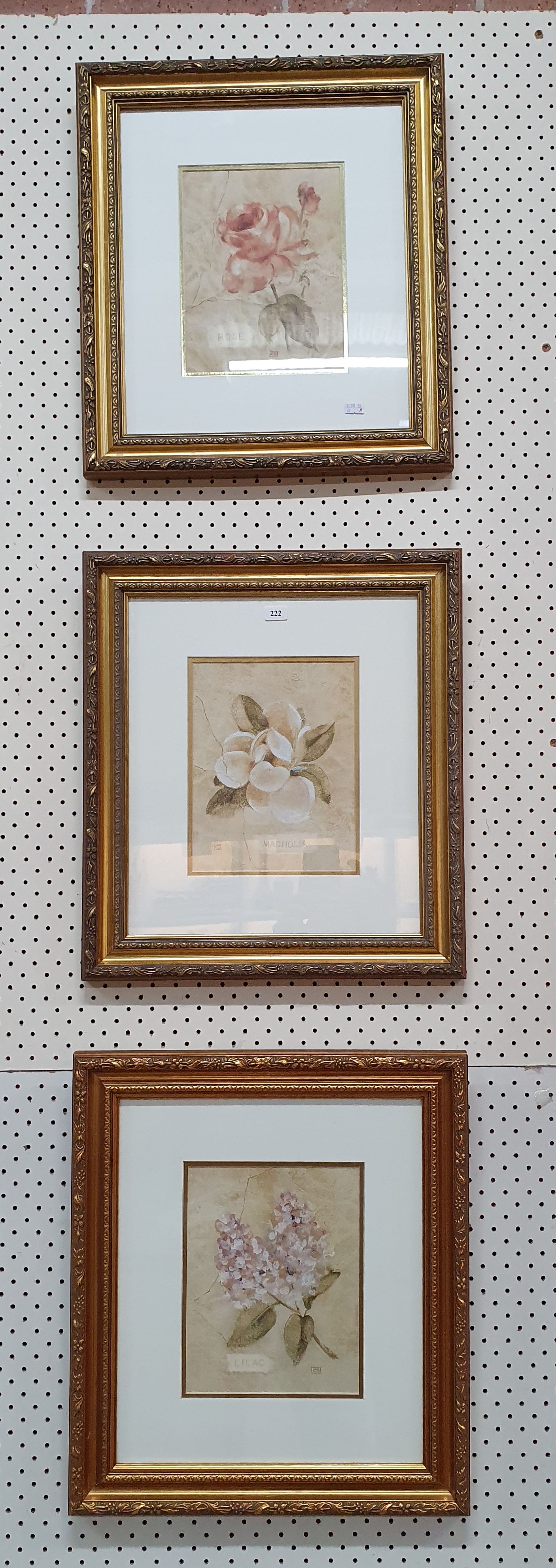 222 · A SET OF THREE DECORATIVE FLORAL PRINTS IN GILT FRAMES
