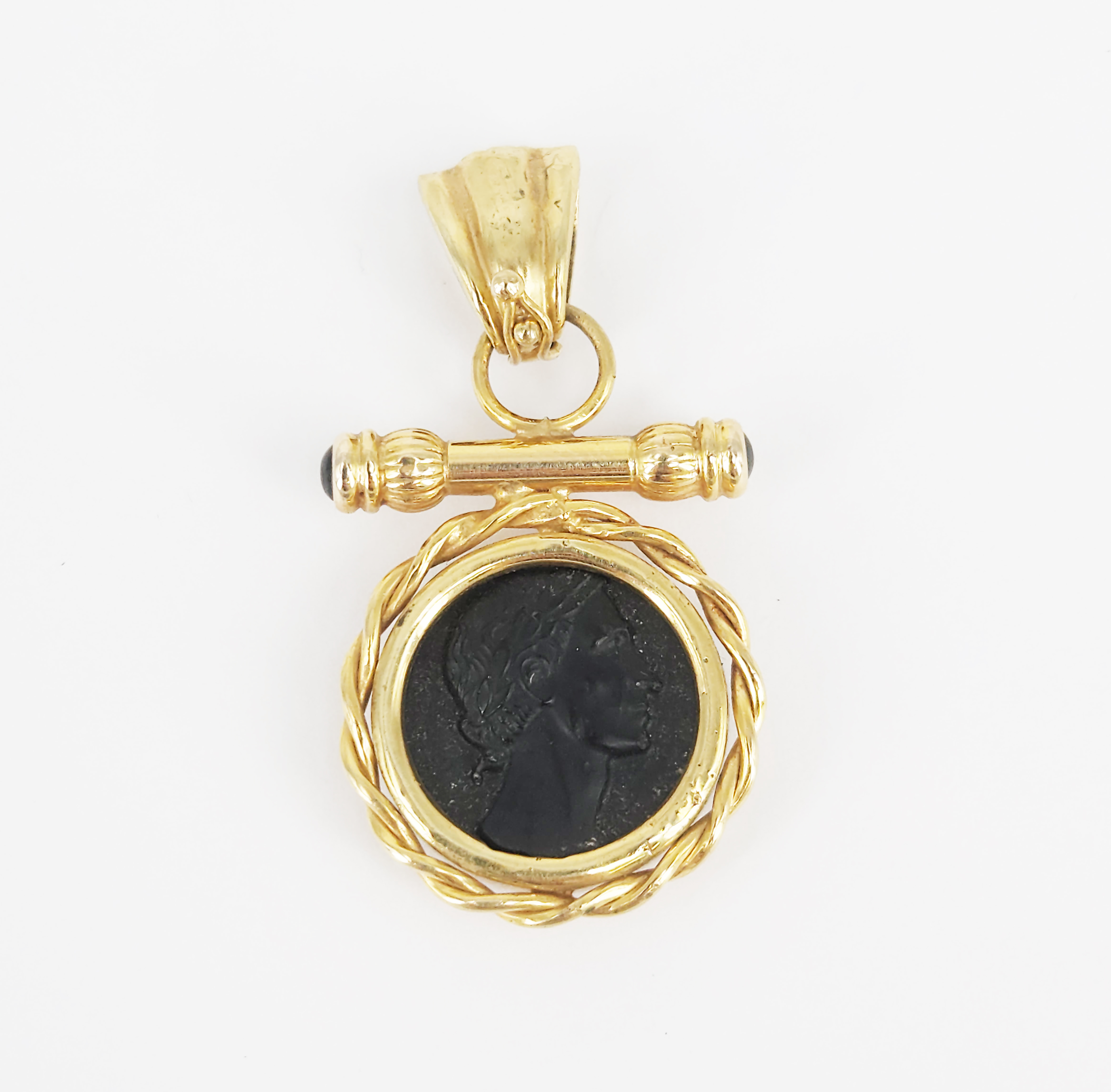 A Roman Style Italian 9k Yellow Gold And Jet Cameo Enhancer Pendant