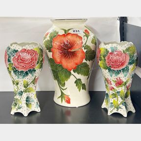 Three Blue Sky tube lined porcelain vases, tallest 31cm.