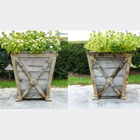 PAIR OF ANTIQUE FRENCH STYLE IRON & WOOD PLANTERS