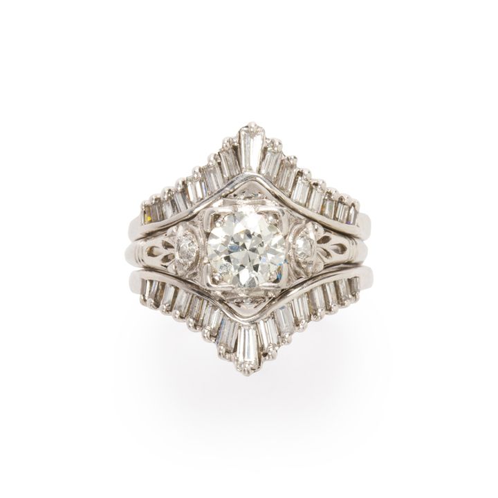 A pair of diamond and platinum ring set