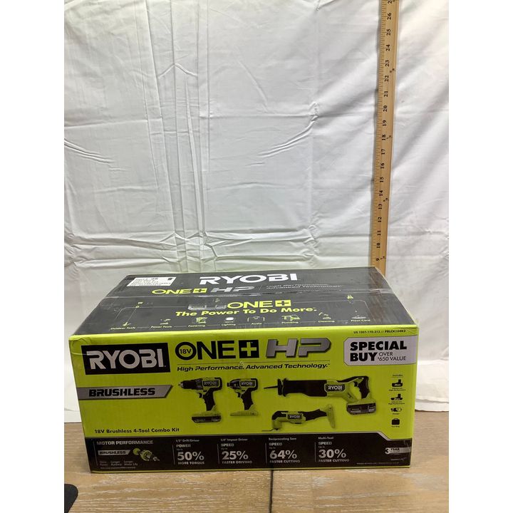RYOBI 18V Brushless 4-Tool Combo Kit - 1/2" Drill/Driver, 1/4" Impact Driver, Reciprocating Saw, Multi-Tool
