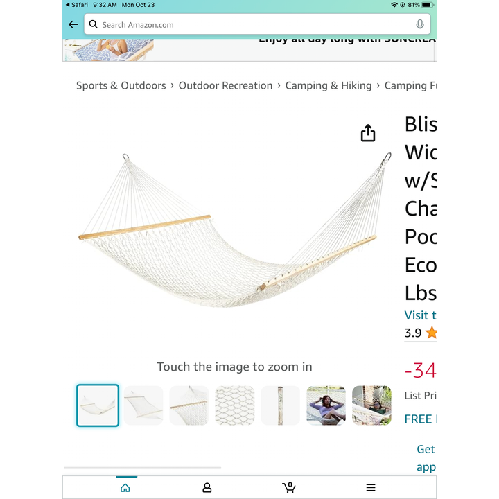 Bliss Hammocks 60" Wide Cotton Rope Hammock w/ Spreader Bar, S Hooks, Hanging Hardware, & 450lb Capacity - Natural