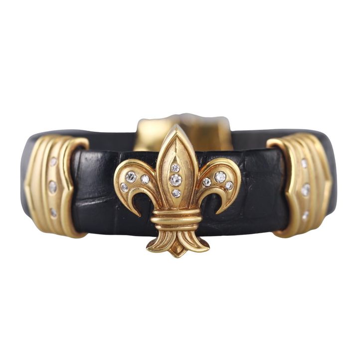 18k Gold Diamond Leather Fleur de Lis Bracelet