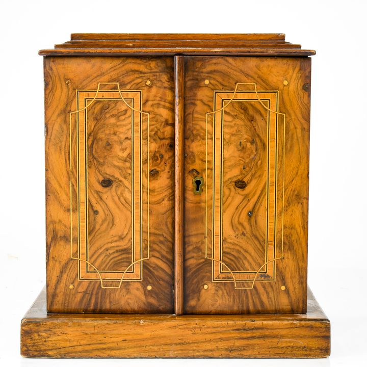 Miniature inlaid burl wood table cabinet