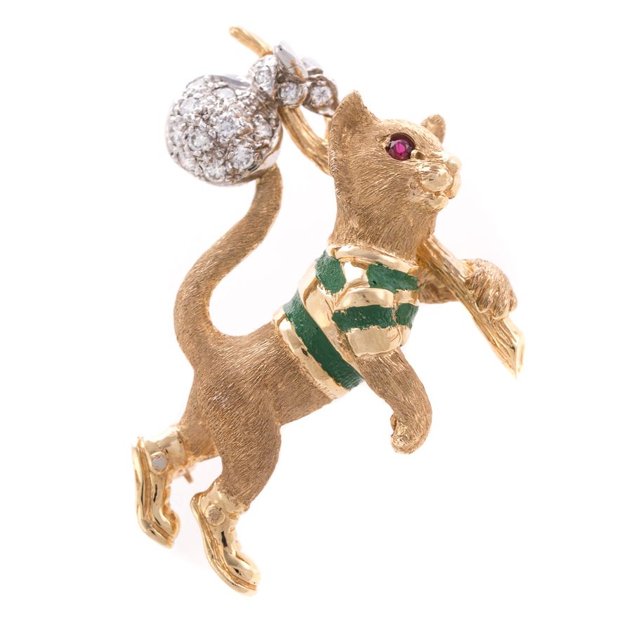 A 14K Enamel & Diamond Cat Pin by Dankner