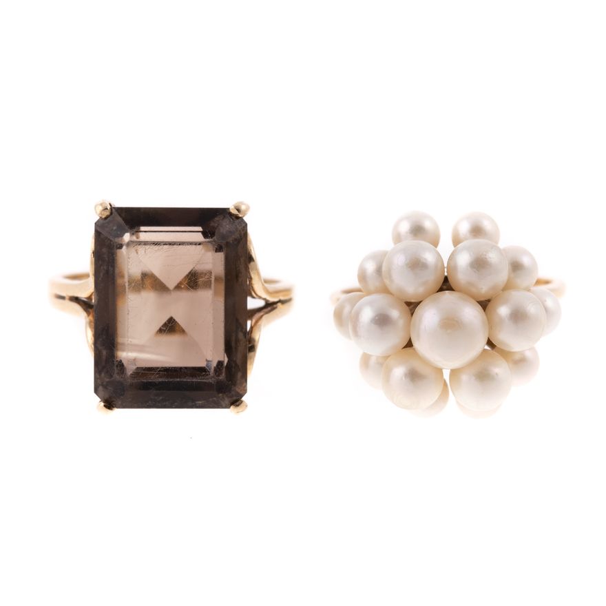 A Pearl Cluster Ring & Smokey Quartz Ring in 14K