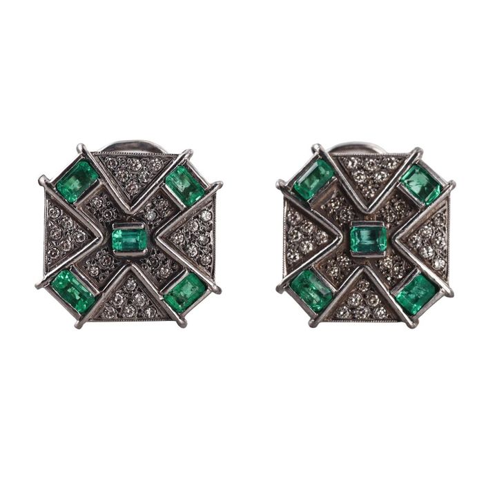 Midcentury Platinum Diamond Emerald Earrings
