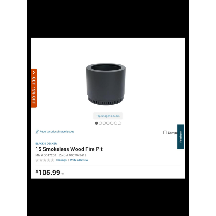 Black + Decker 15'' Smokeless Wood Fire Pit- 15'' D x 15'' W x 12.48'' H