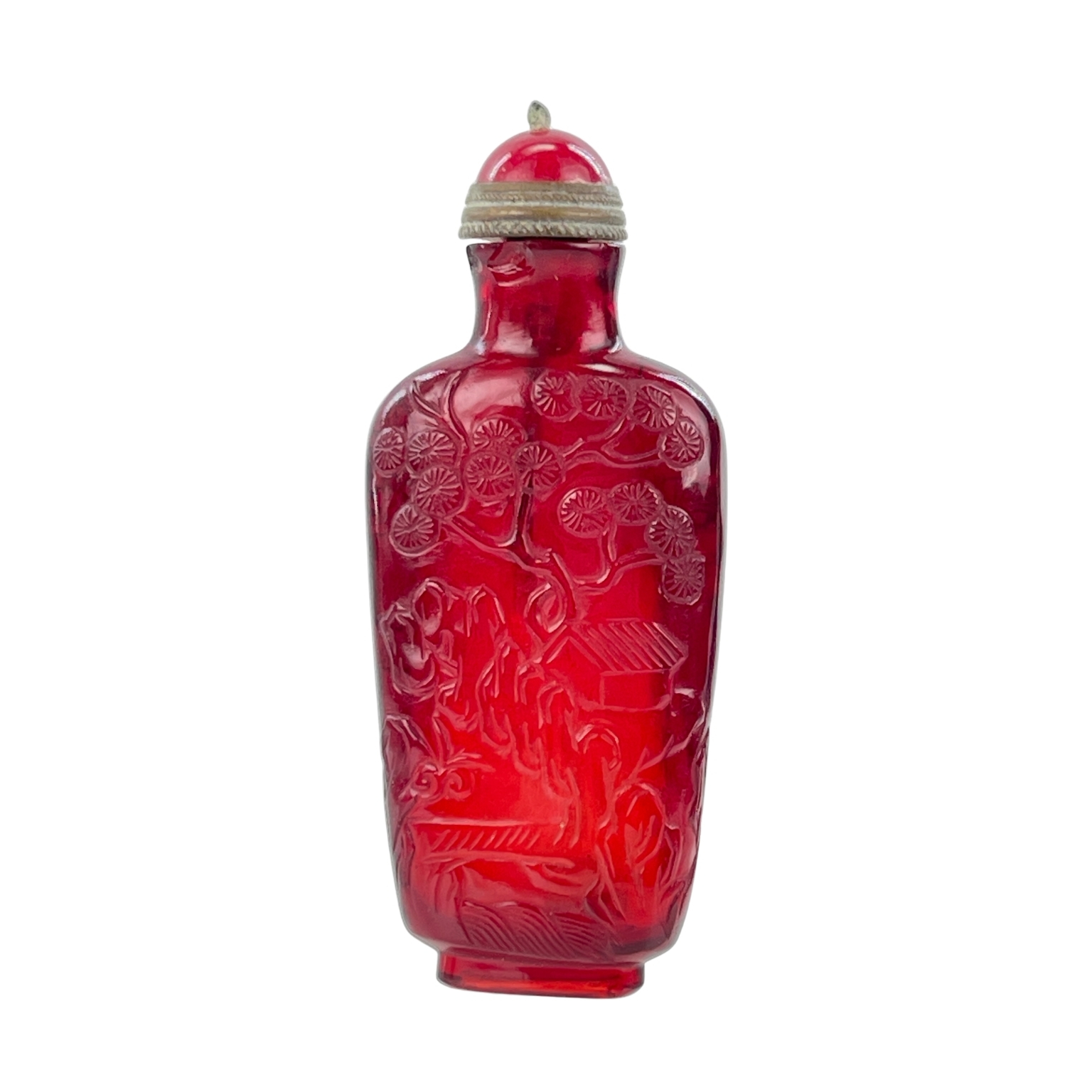 红料山水纹鼻烟壶RED GLASS SNUFF BOTTLE WITH LANDSCAPE DESIGN | Atasbid