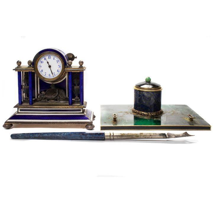 A French miniature cobalt blue enamel silver gilt portico form clock