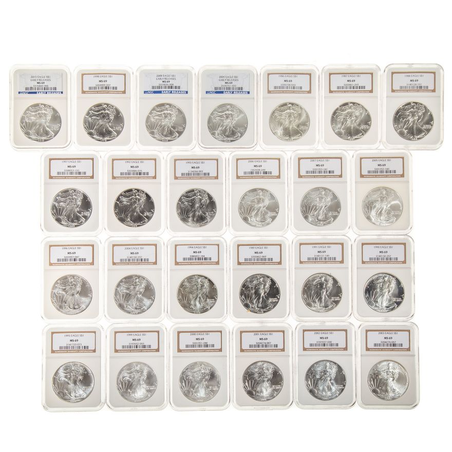25 Year Run NGC69 Silver Eagles in PCGS Wood Box