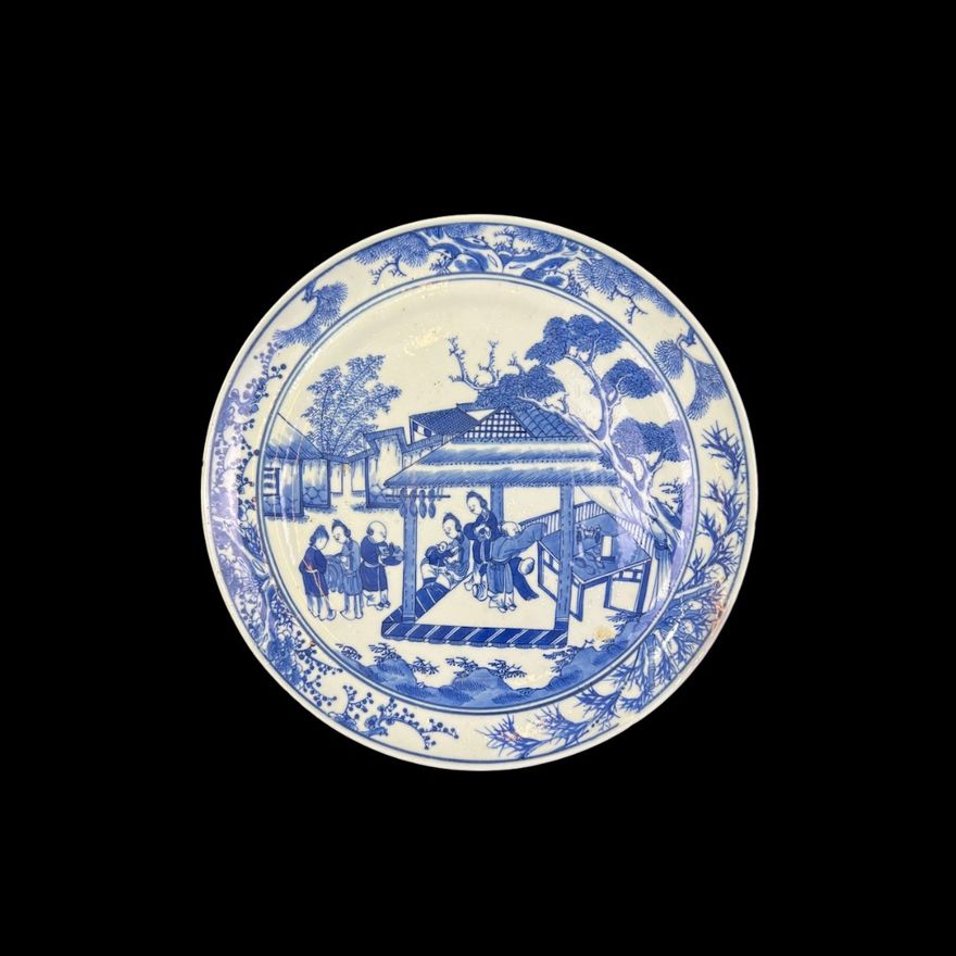 道光青花人物祭拜盘DAOGUANG PERIOD FAMILY PRAYING BLUE AND WHITE