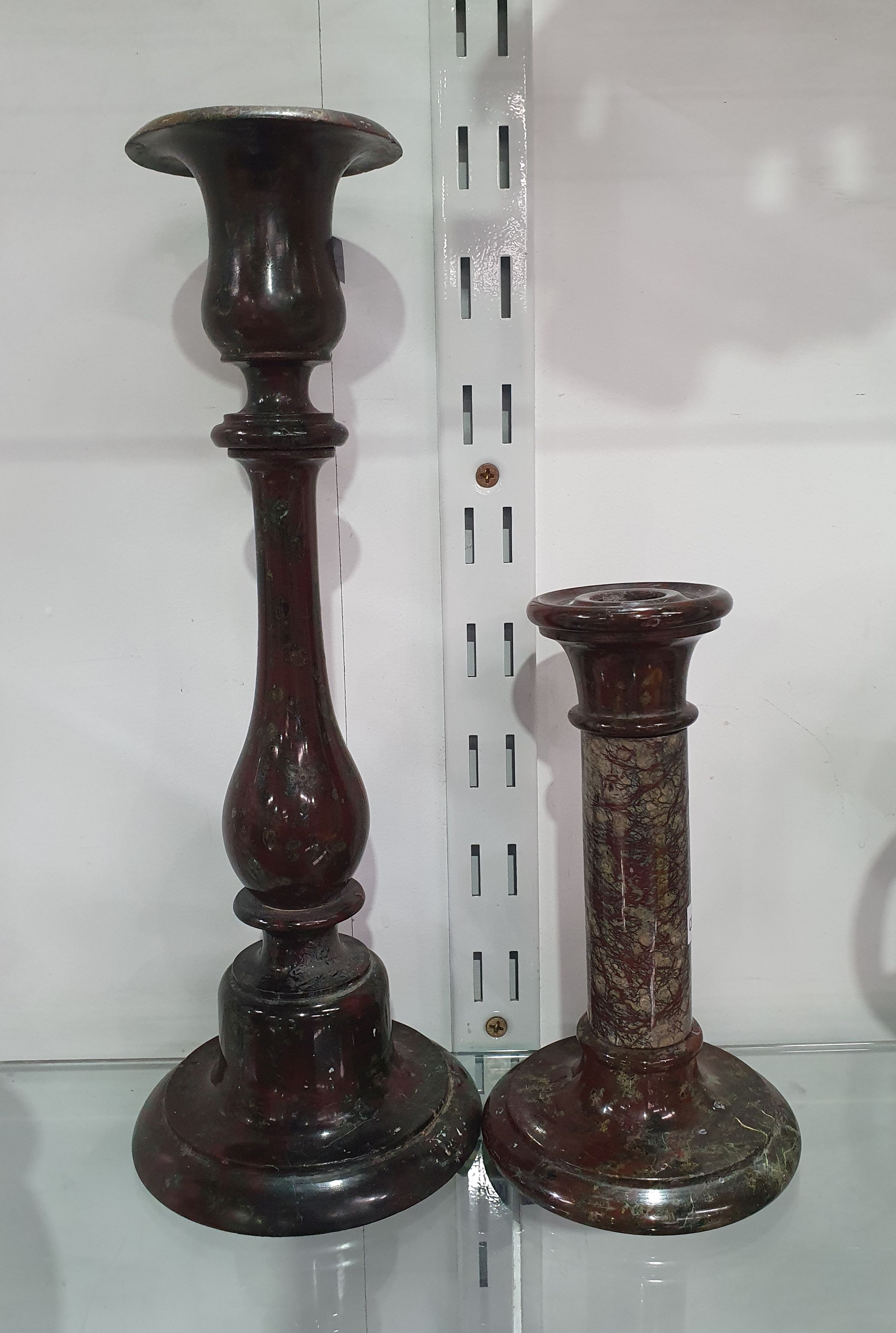 656 · TWO 19TH CENTURY CORNISH SERPENTINE CANDLESTICKS