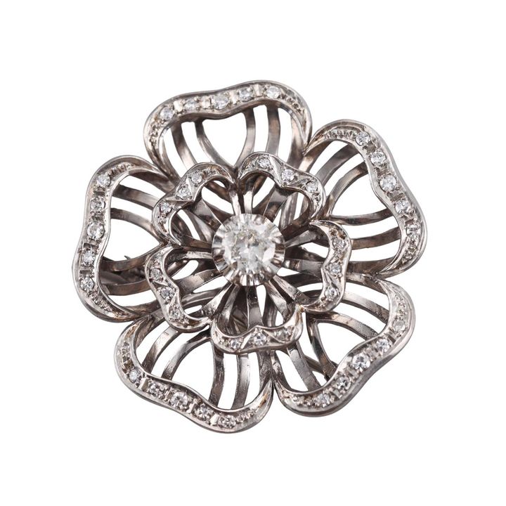 Midcentury Platinum Diamond Flower Brooch Pin