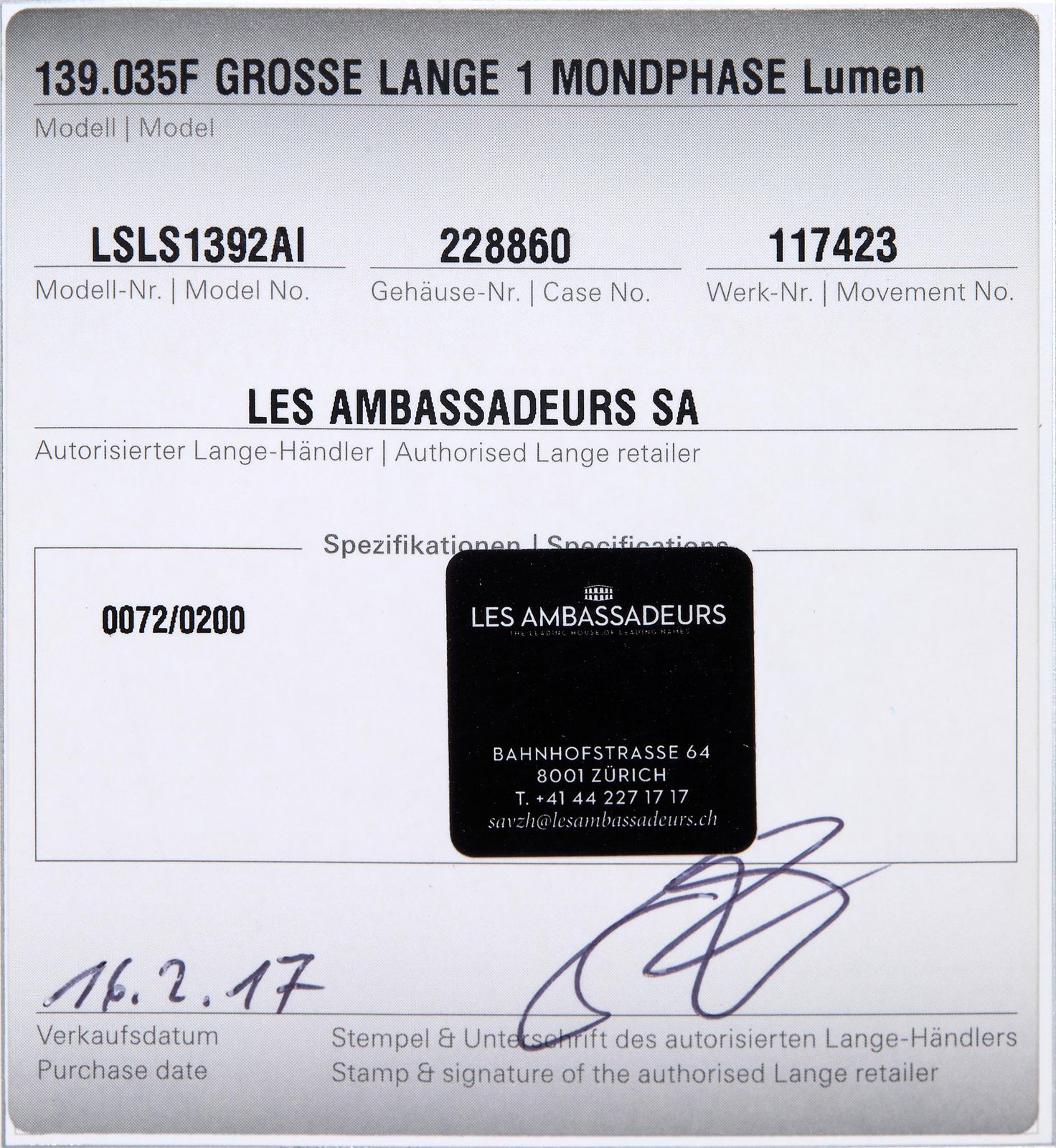 LANGE SÖHNE Antiquorum Auctioneers