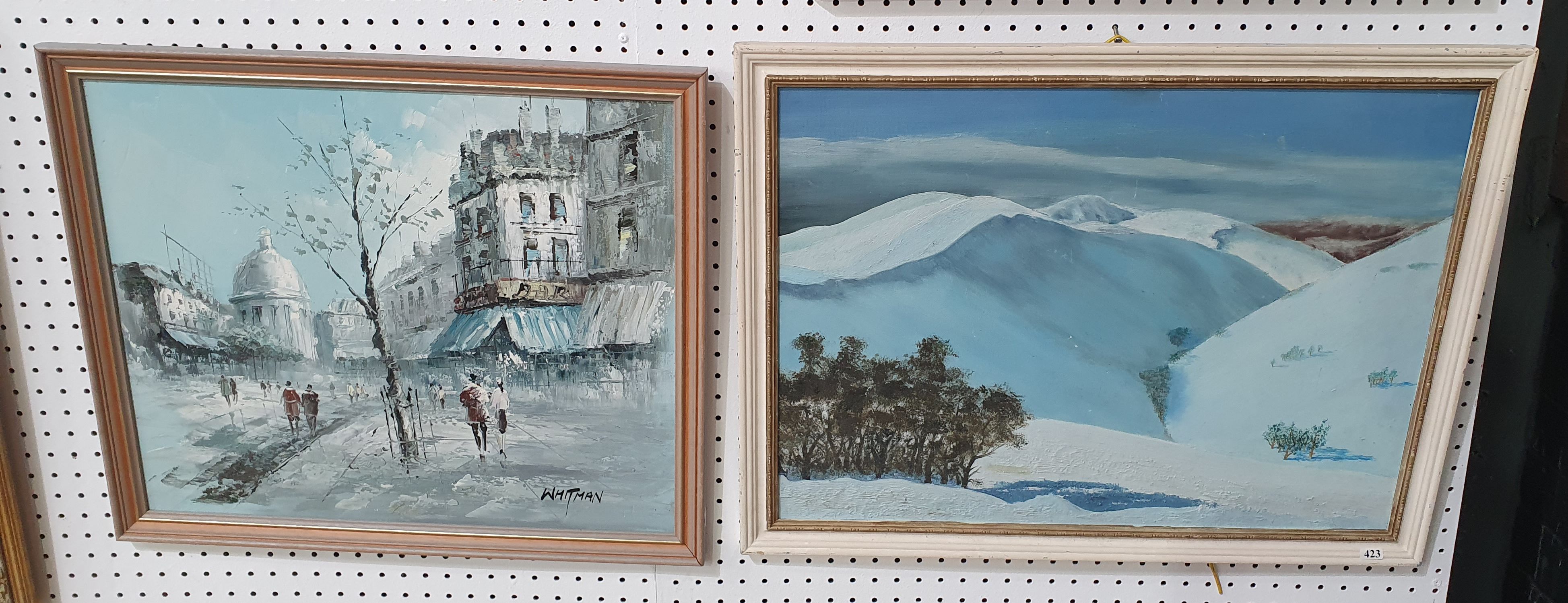 423 · TWO FRAMED WINTER-THEMED OIL PAINTINGS