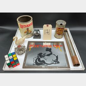 VINTAGE TINS, RUBIX CUBE, FLEETWOOD MAC MIRROR WALL HANGING AND MORE.