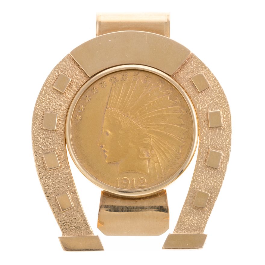 A Gentlemen's Money Clip with Liberty Coin in 14K