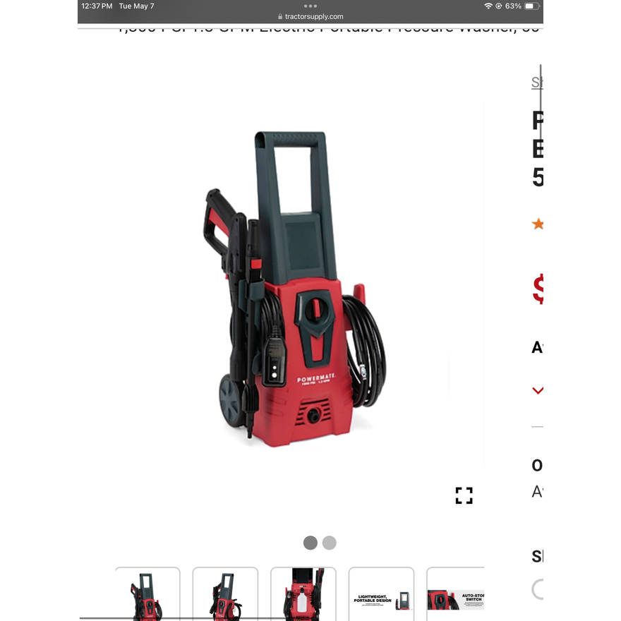PowerMate 1,800PSI 1.3GPM Electric Portable Pressure Washer
