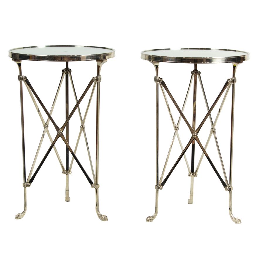 A pair of Global Views chromed metal Directoire occassional tables