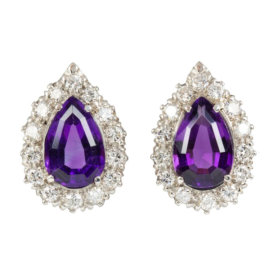 Pair of amethyst, diamond and 14k gold earrings