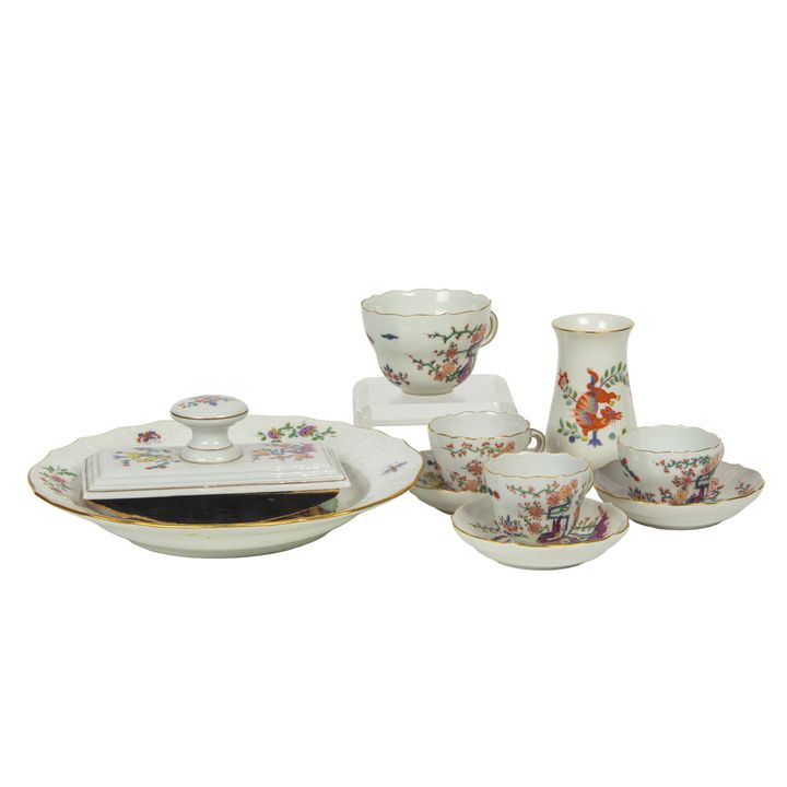A group of Meissen polychrome porcelain in Chinoiserie patterns