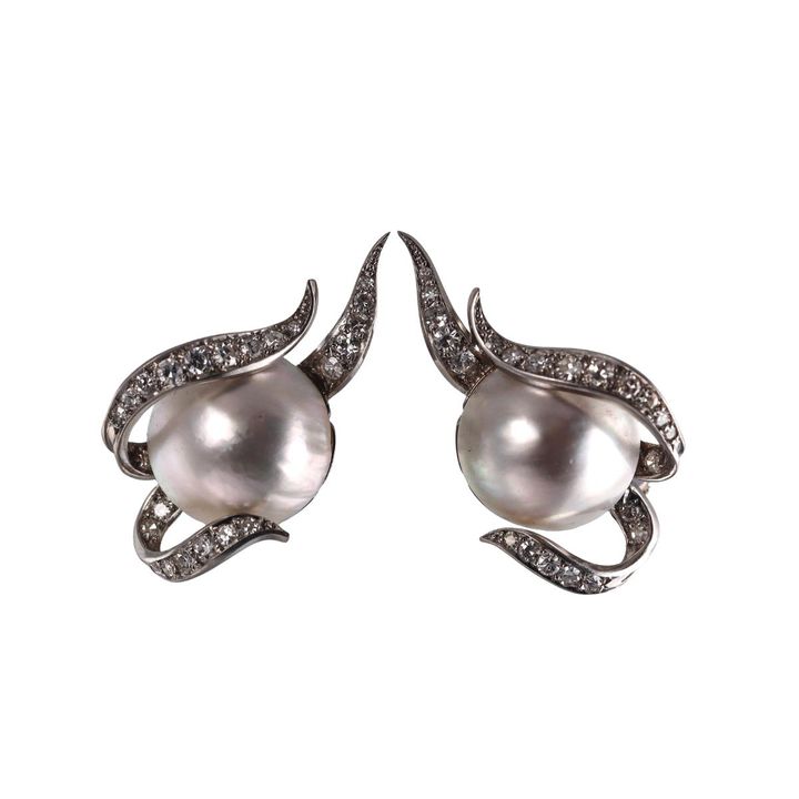 Midcentury Platinum Mabe Pearl Diamond Cocktail Earrings