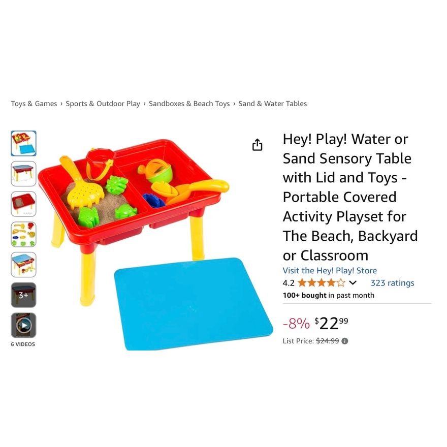 Hey! Play! Sand or Water Sensory Table with Lids & Toys - Portable 17.5"L x 12.5"W x 11"H