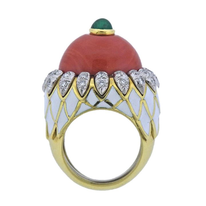 David Webb Coral Emerald Diamond Enamel Gold Platinum Ring