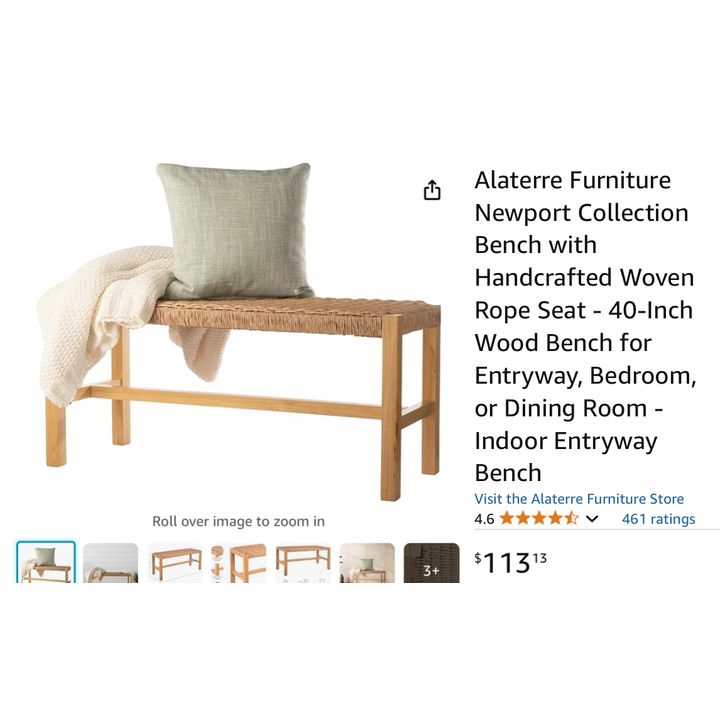 Alaterre Furniture Newport Collection Bench w/ Handcrafted Woven Rope Seat- 14'' D x 40'' W x 18.2'' H In Box