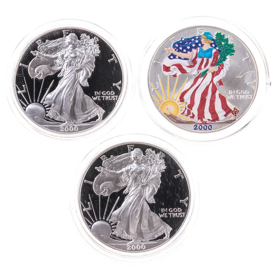 Two Proof Silver Eagles & 1 Colorized Silver Eagle