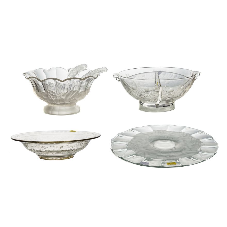 Two crystal serving bowls, tray & salad pieces