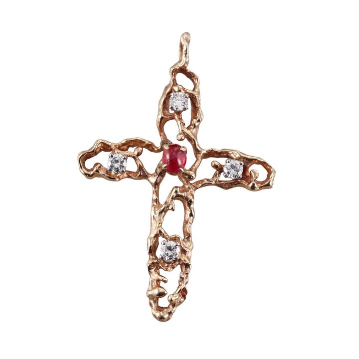 1970s 14k Gold Ruby Diamond Cross Pendant