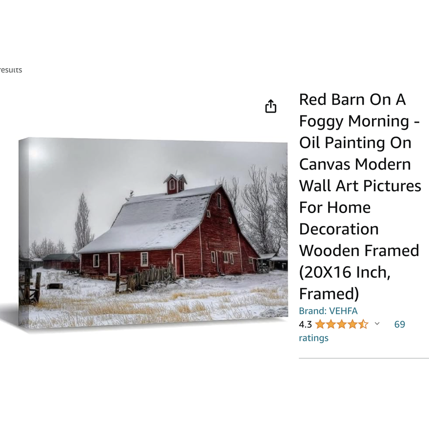 Red Barn On A Foggy Morning Oil Painting On A Canvas Wooden Framed 20"x16"