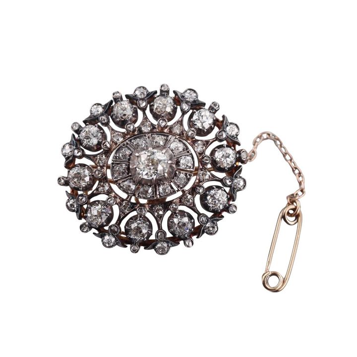 Antique 6.50ctw Old Mine Diamond Silver Gold Brooch Pin