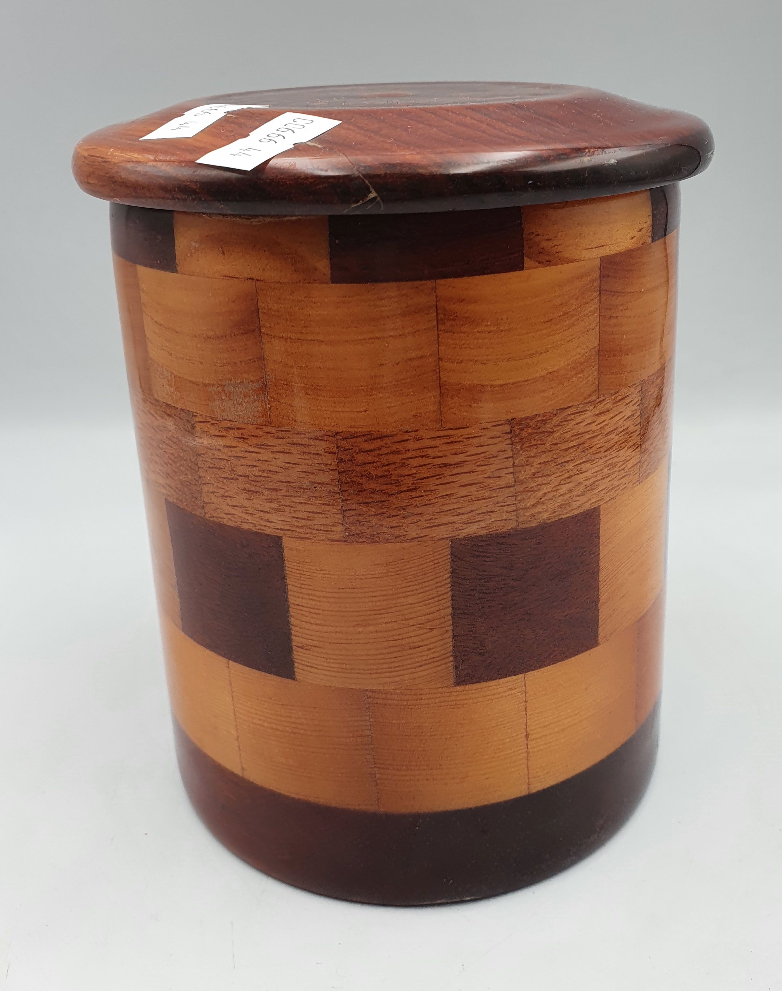 A Decorative Wooden Cylindrical Lidded Canister